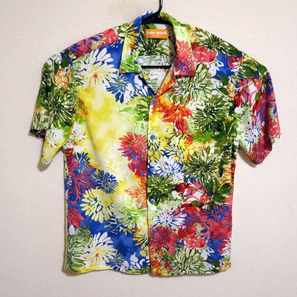 Jams World Shirt Mens Medium Short Sleeve Button Hawaiian Tropical Green Yellow - Picture 2 of 7